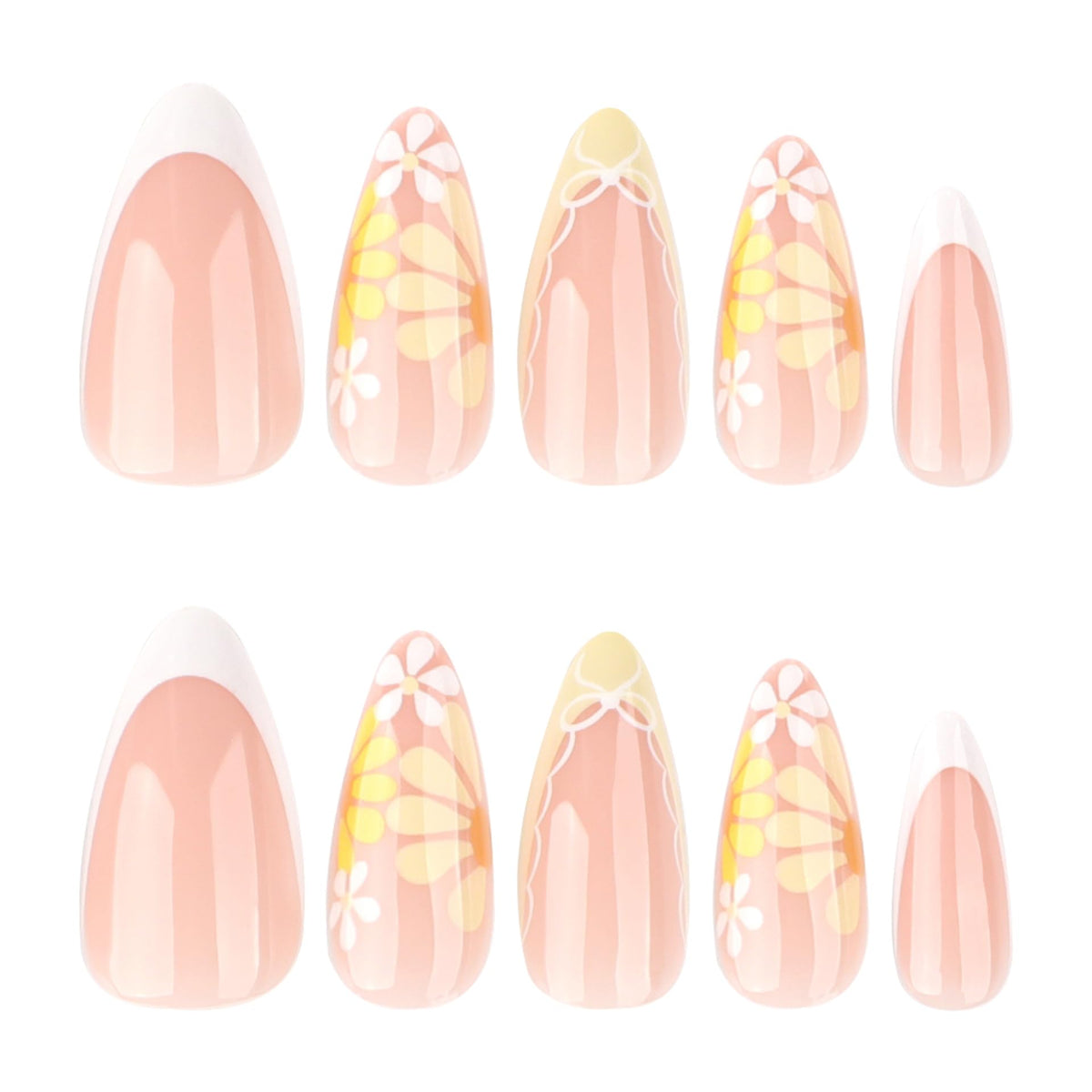 Close-up of XZMeiLun press-on nails showing French tip and floral patterns