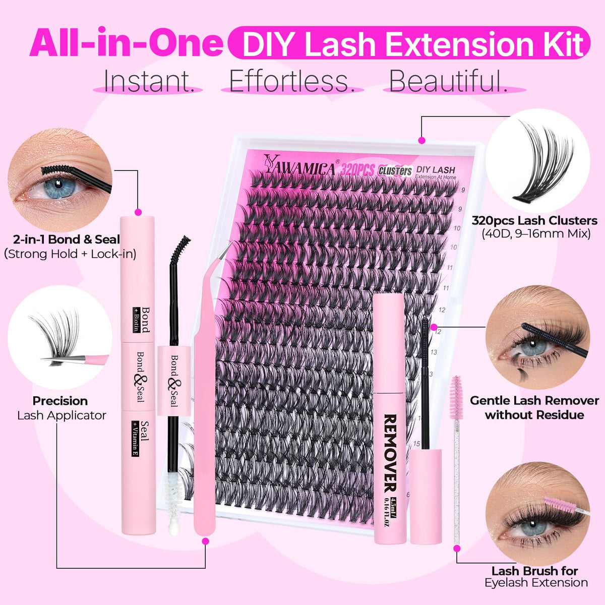 Close-up of Yawamica D Curl eyelash clusters 9-16mm