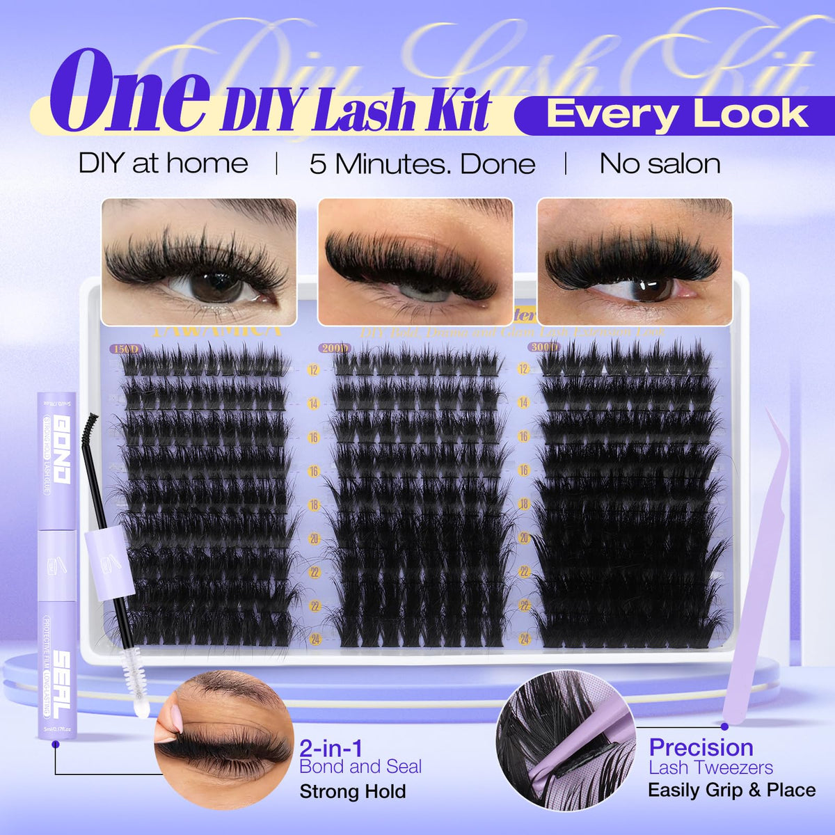 Close-up of Yawamica lash clusters showing different lengths