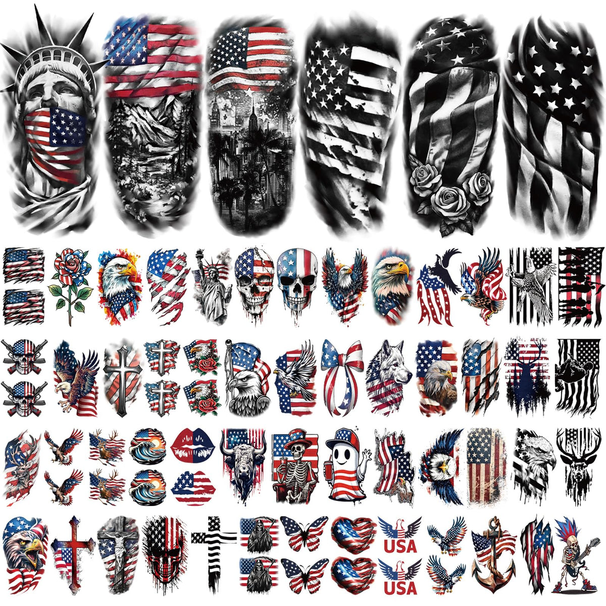 Close-up of Yazhiji temporary tattoos featuring American flag design
