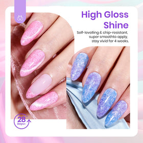 Close-up of yellow cat eye gel nail polish