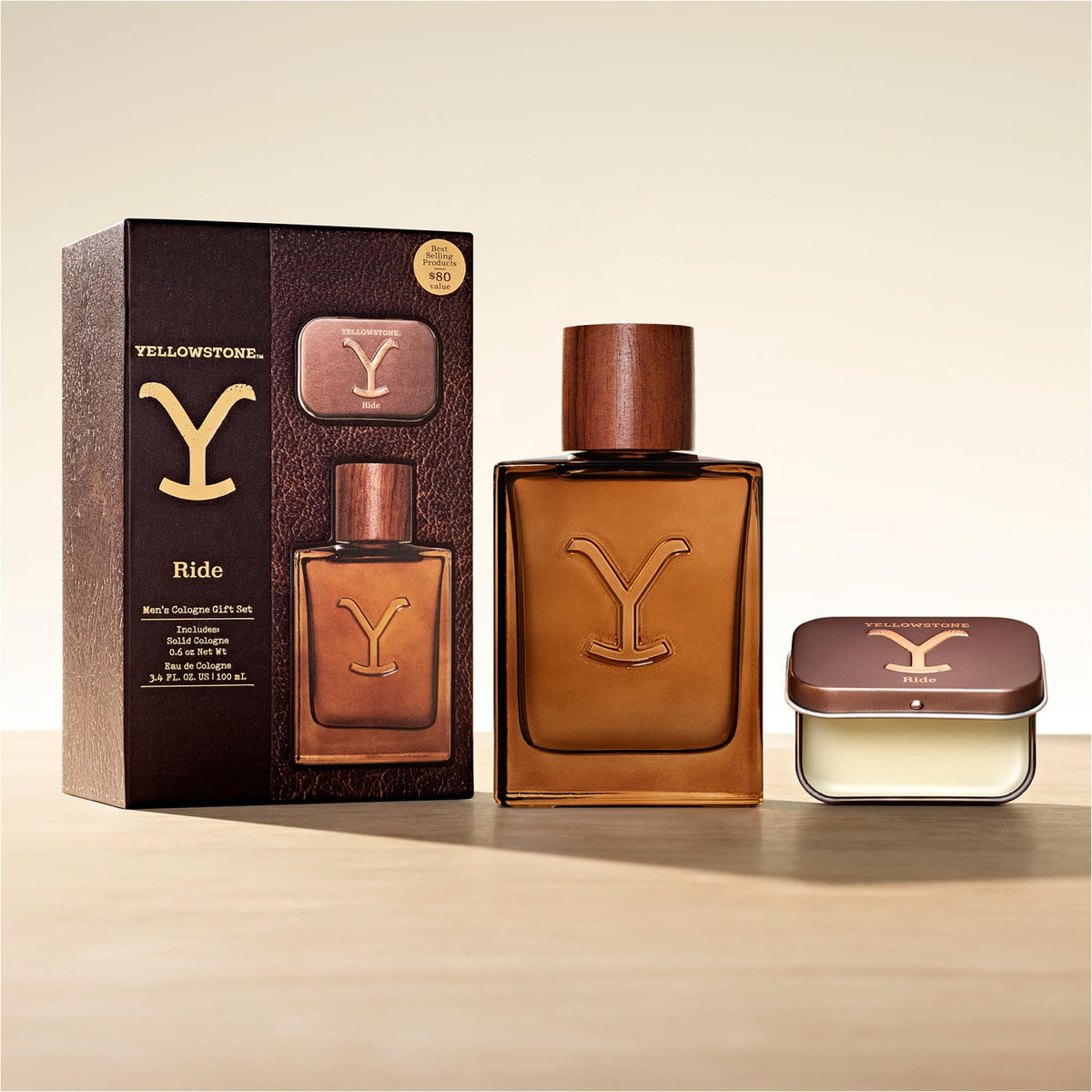 Close-up of Yellowstone Ride Eau de Cologne bottle with dark amber liquid