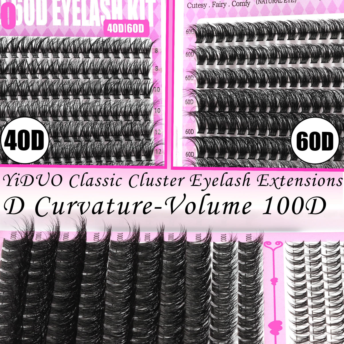 Close-up of YIDUO 40D lash clusters in the kit