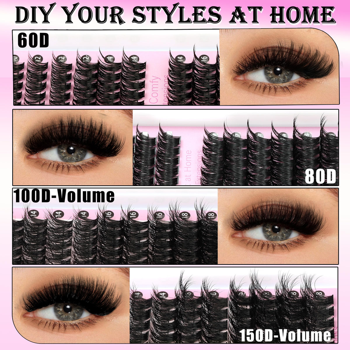Close-up of YIDUO 60D lash clusters in various lengths