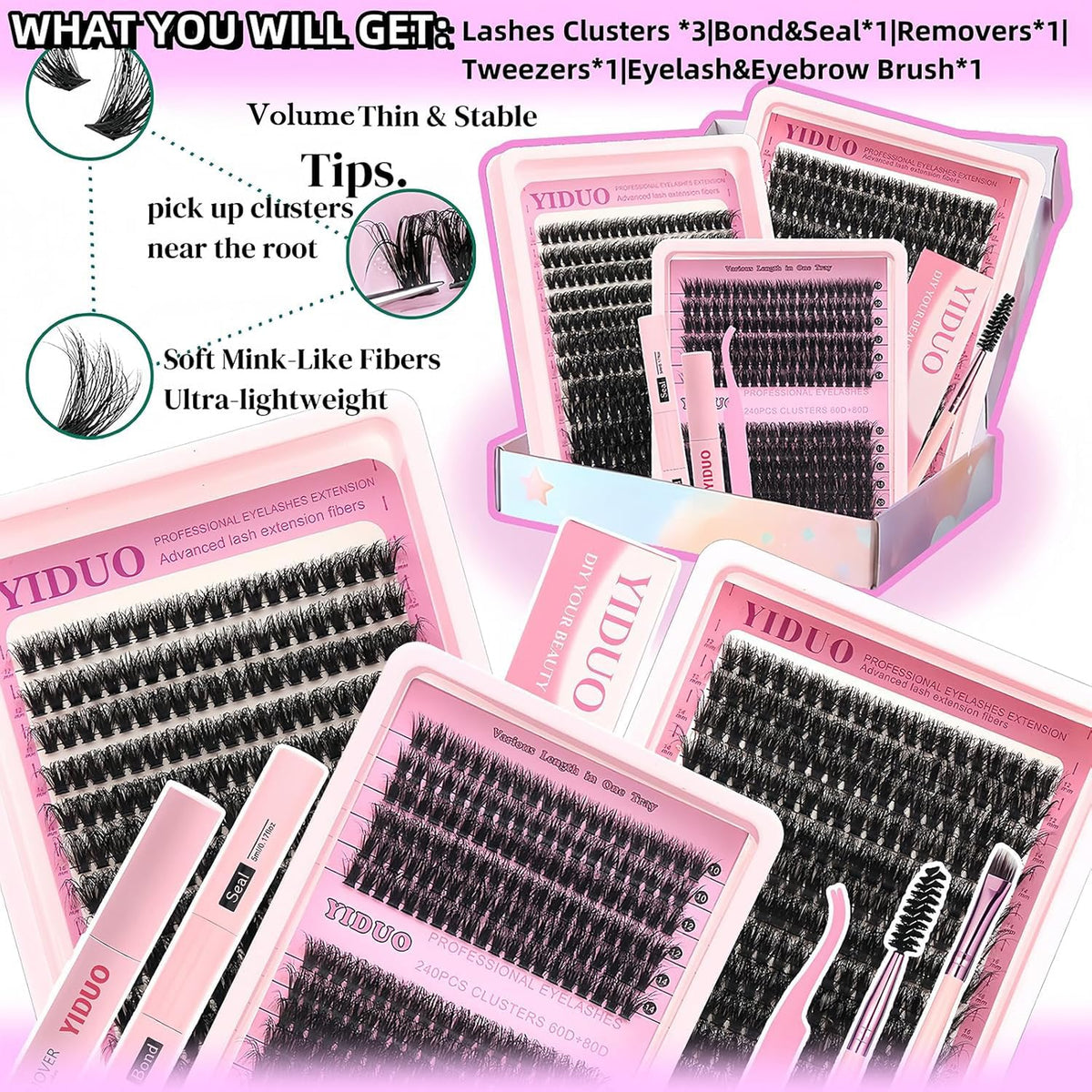 Close-up of YIDUO 760Pcs lash clusters in 60D, 80D, 100D styles