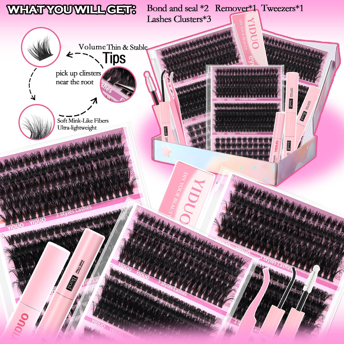 Close-up of YIDUO lash clusters in various styles