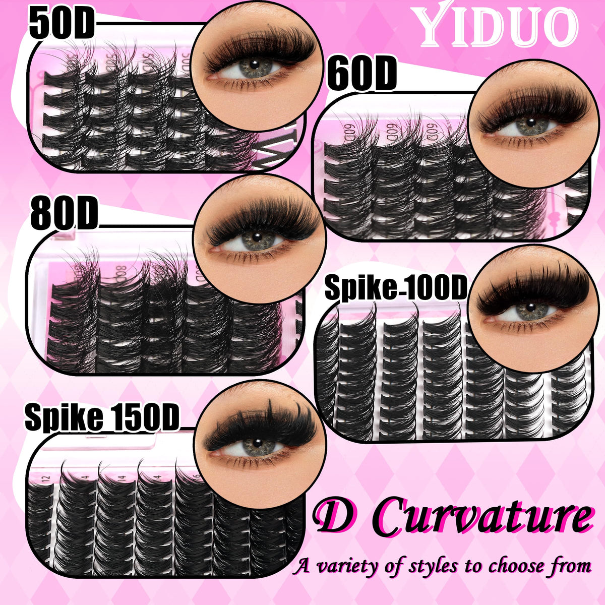 Close-up of YIDUO lash clusters in various styles