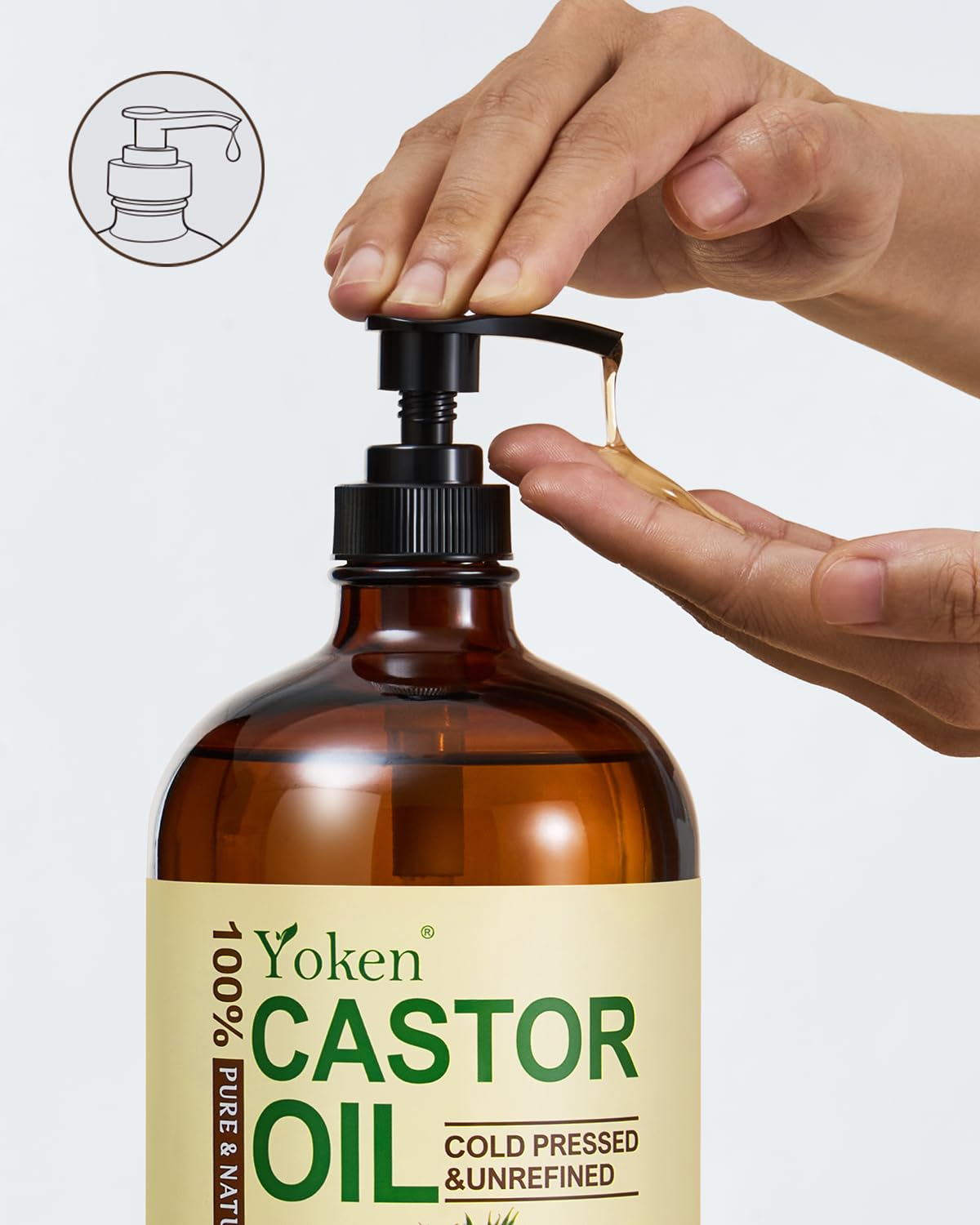 Close-up of Yoken Organic Castor Oil pump and bottle