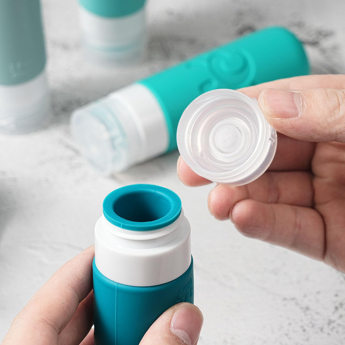Close-up of Zafit Travel Bottles made from food grade silicone