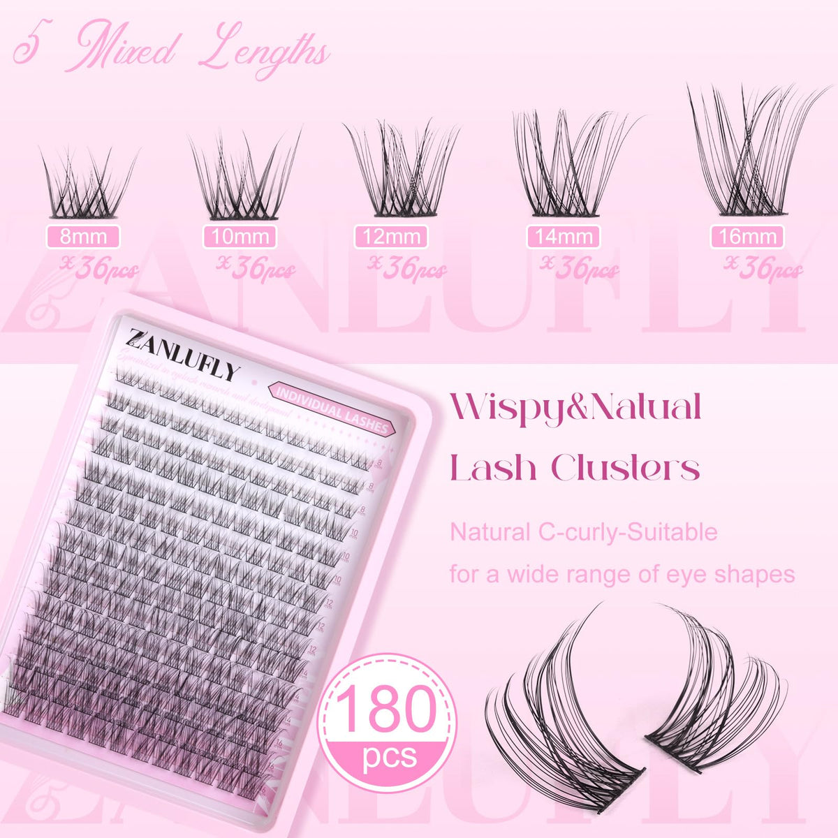 Close-up of zanlufly Wispy Eyelash Clusters showing individual lashes