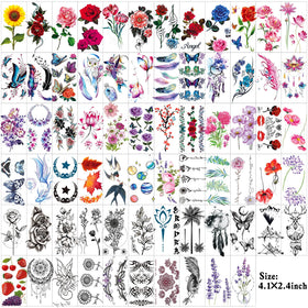 Close-up of Zomme temporary tattoos featuring roses and butterflies