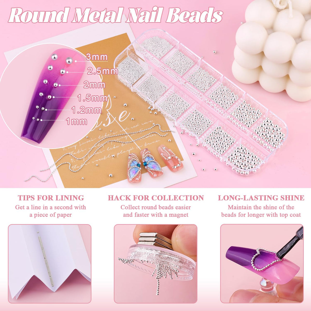 Close-up view of 1mm to 3mm silver nail beads in container