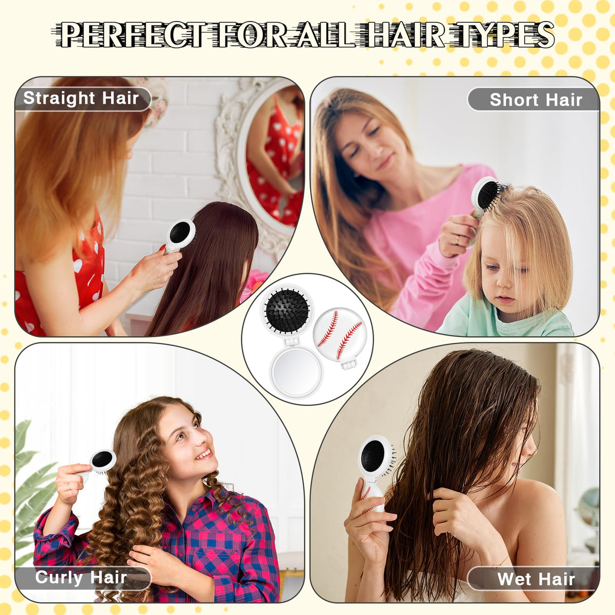 Close-up view of Cecnamt baseball mini detangler brush with mirror