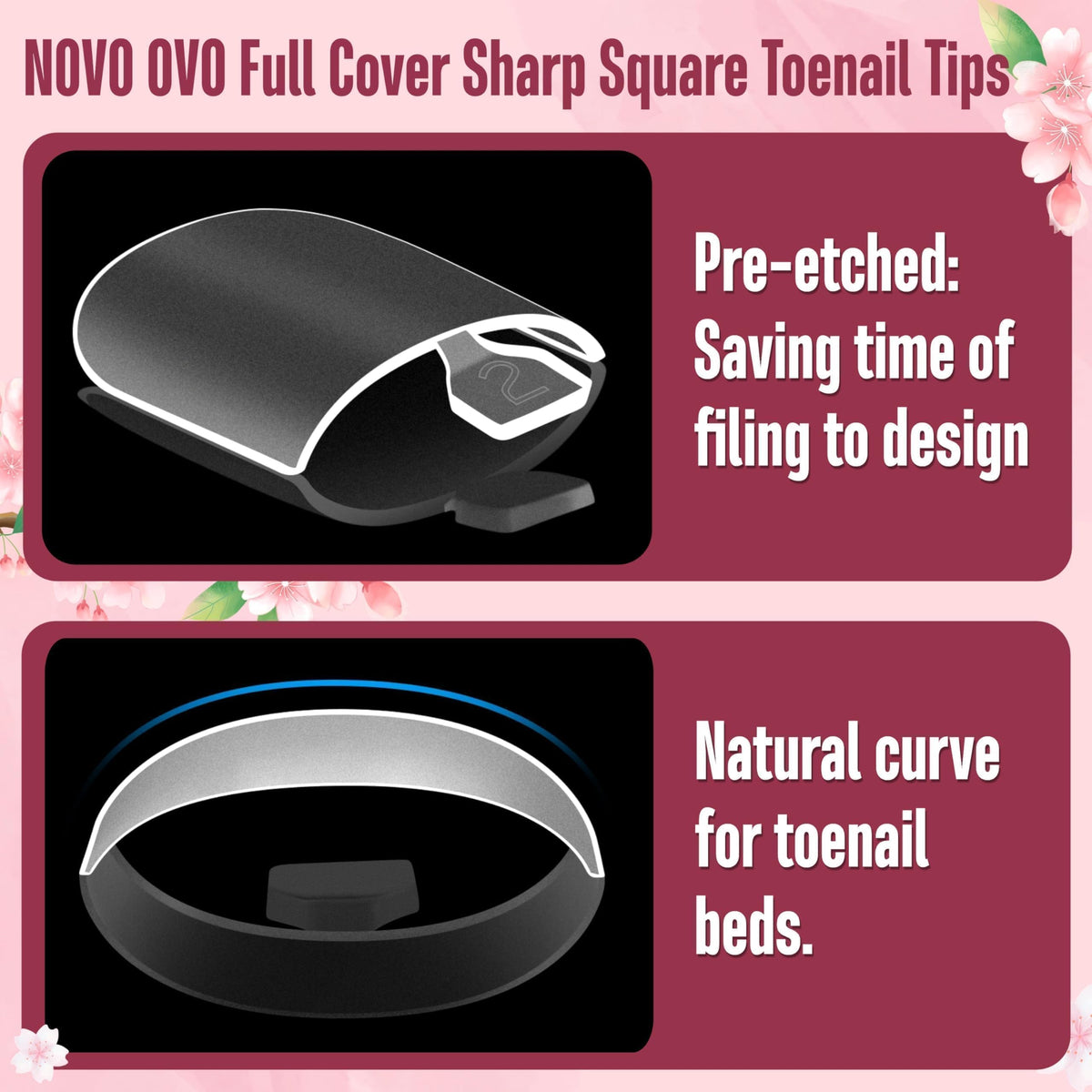 Close-up view of NOVO OVO Sharp Square Toe Nail Tips in various sizes