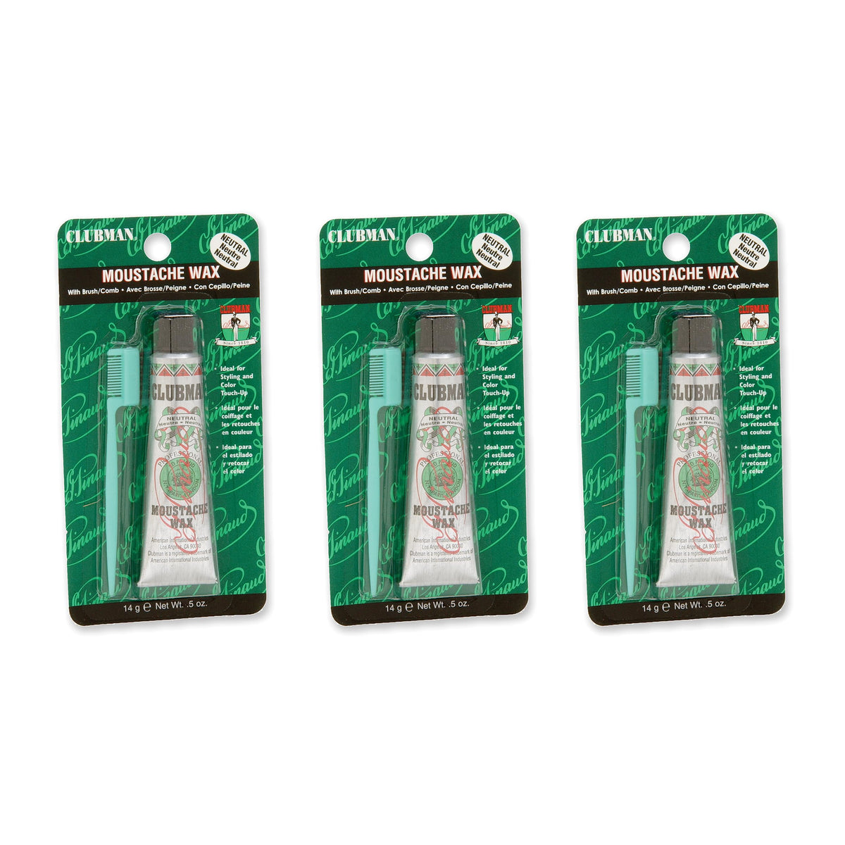 Clubman Moustache Wax 0.5 Oz front view with comb applicator