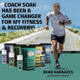 Coach Soak Magnesium Bath Soak being poured into warm water
