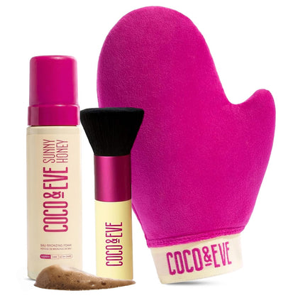 Coco & Eve Self Tanner Foam Bundle front view with mitt and brush