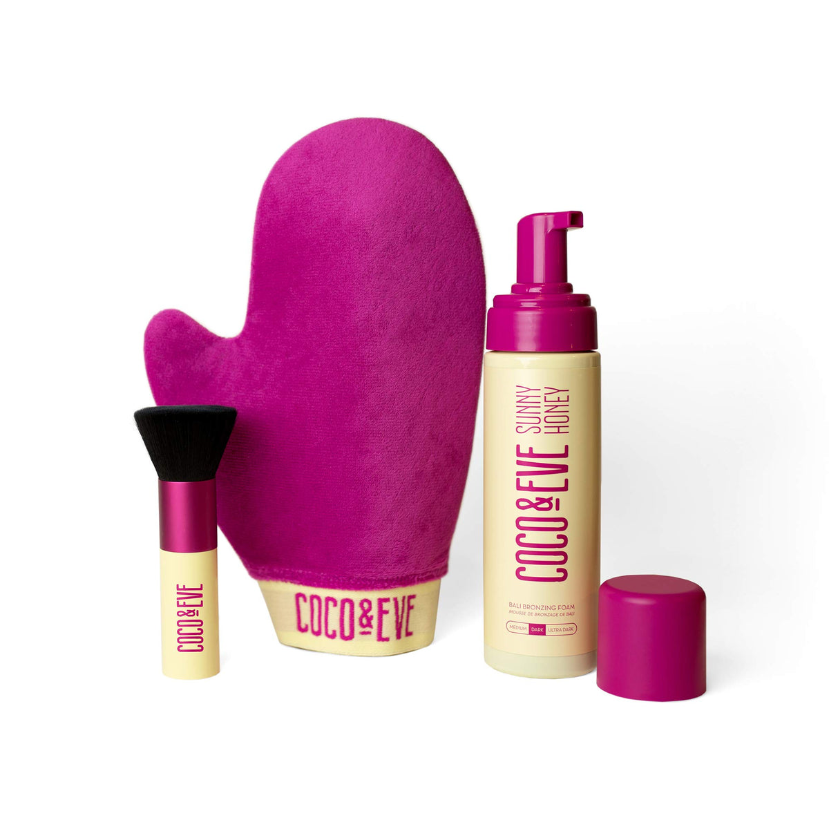 Coco & Eve Self Tanner Foam Bundle front view with mitt and brush