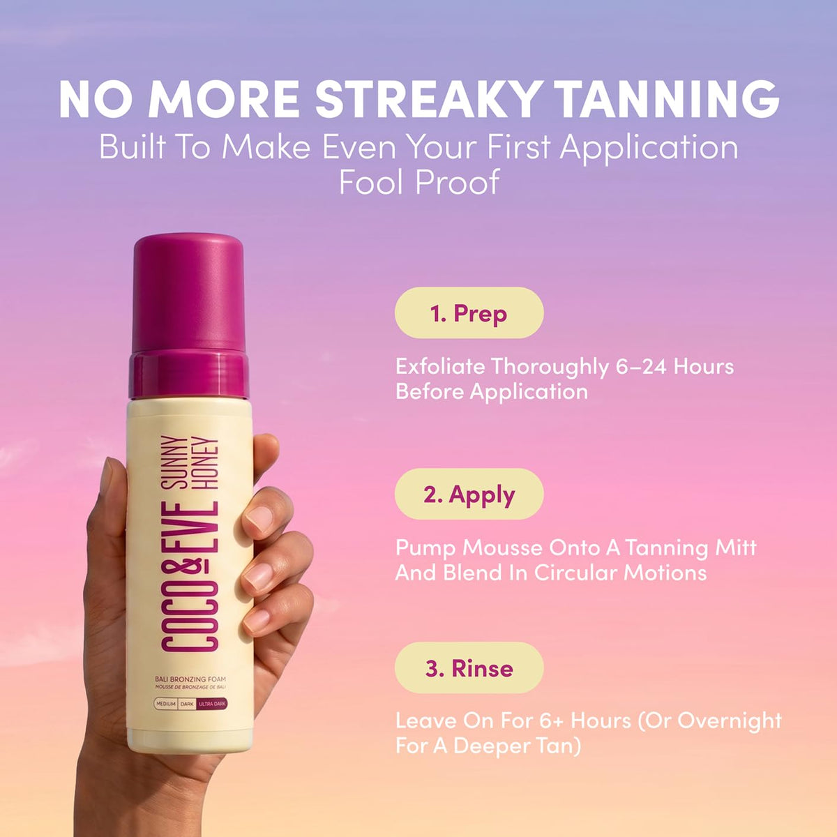 Coco & Eve Sunny Honey Self Tanner Foam with tropical fruits background