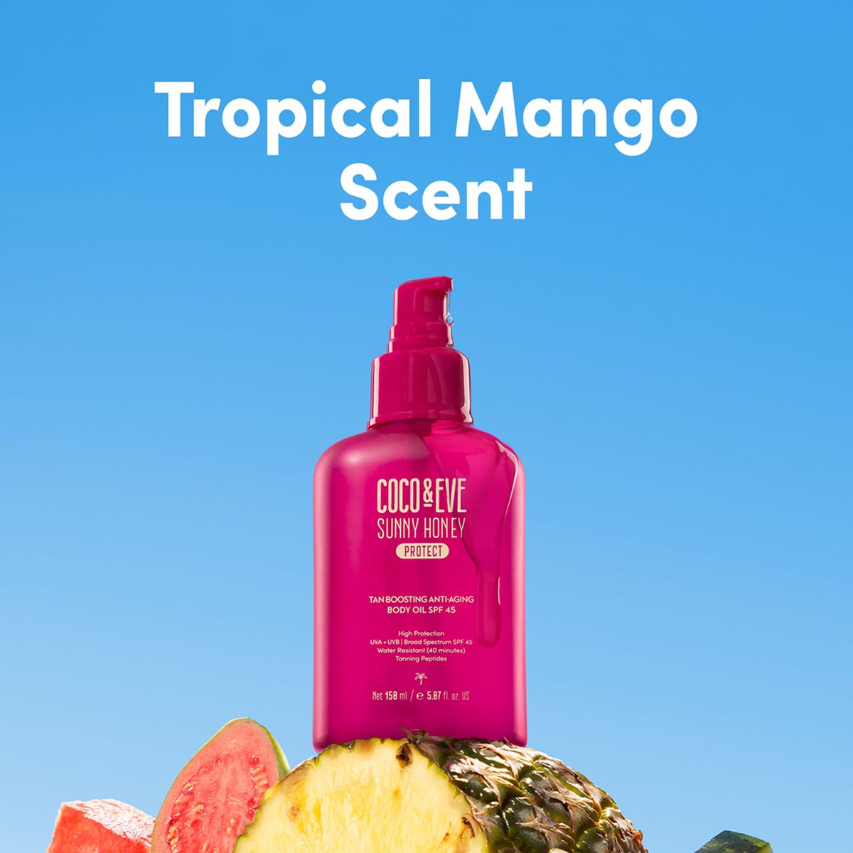 Coco & Eve Tan support Anti-Aging Body Oil SPF45 on beach towel