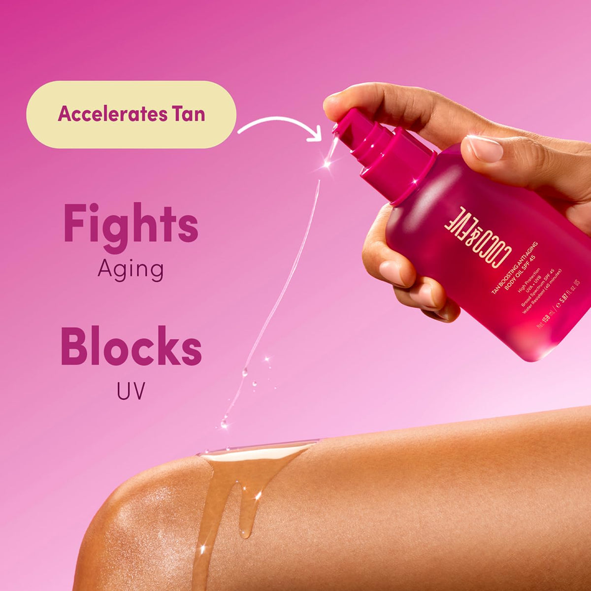 Coco & Eve Tan support Anti-Aging Body Oil SPF45 pump close-up