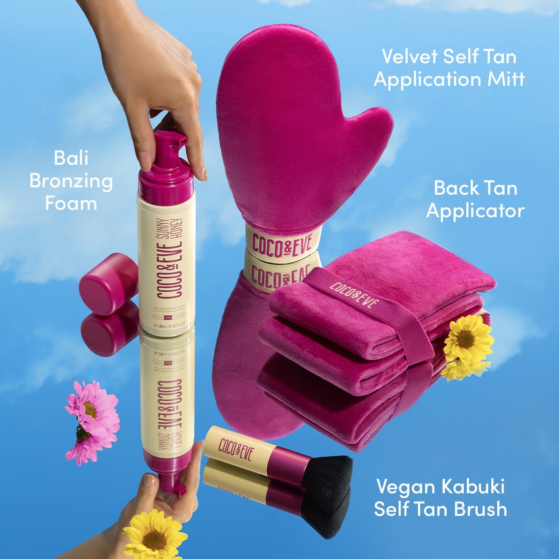 Coco & Eve tanning mousse bottle with tropical design