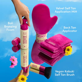 Coco & Eve tanning mousse bottle with tropical design