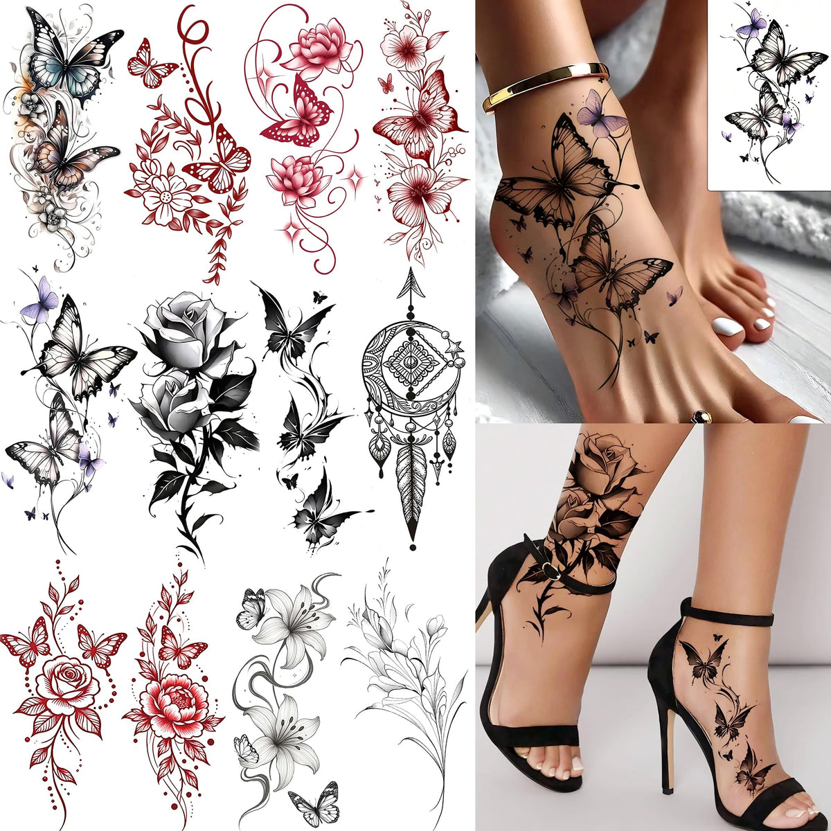 COKTAK 12 Sheets Butterfly Flowers Temporary Tattoos front view