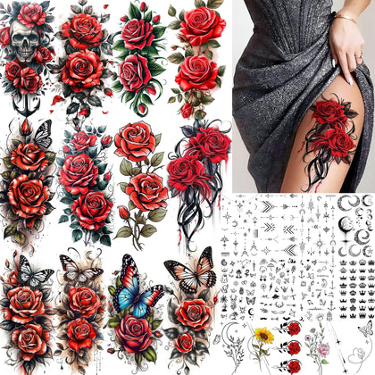 COKTAK 26 Sheets 3D Butterfly Rose Temporary Tattoos front view