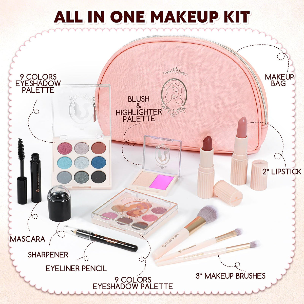 Color Nymph eyeshadow palettes and lipsticks displayed