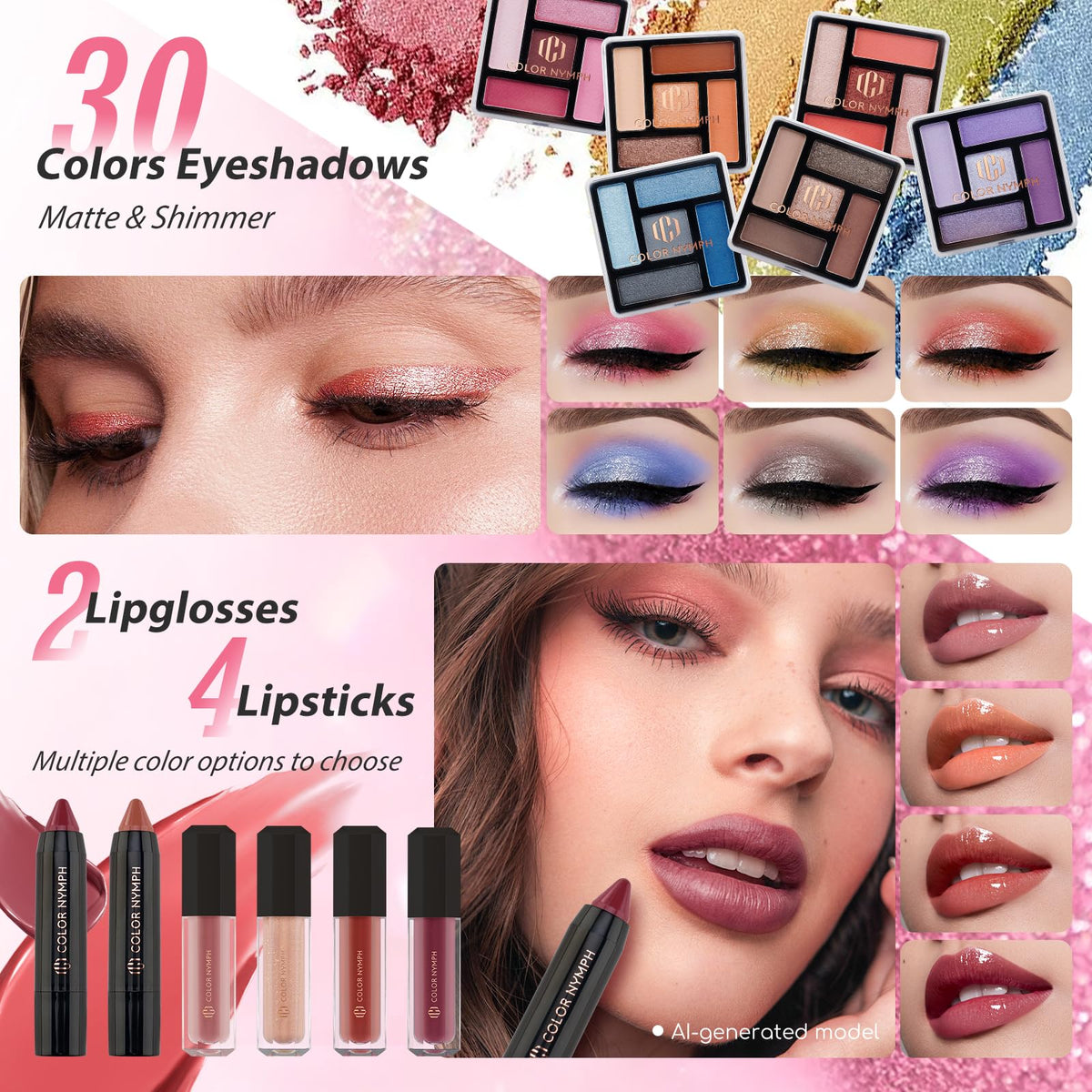 Color Nymph Makeup Kit contents including eyeshadows and lip gloss