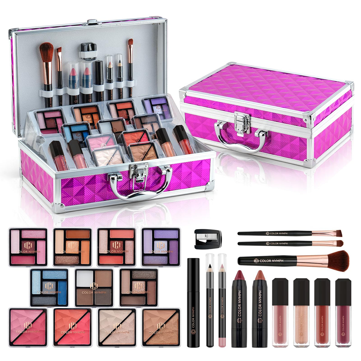Color Nymph Makeup Kit rose pink front view with multiple makeup items