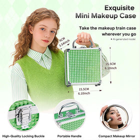 Color Nymph small cosmetic train case in green with makeup inside