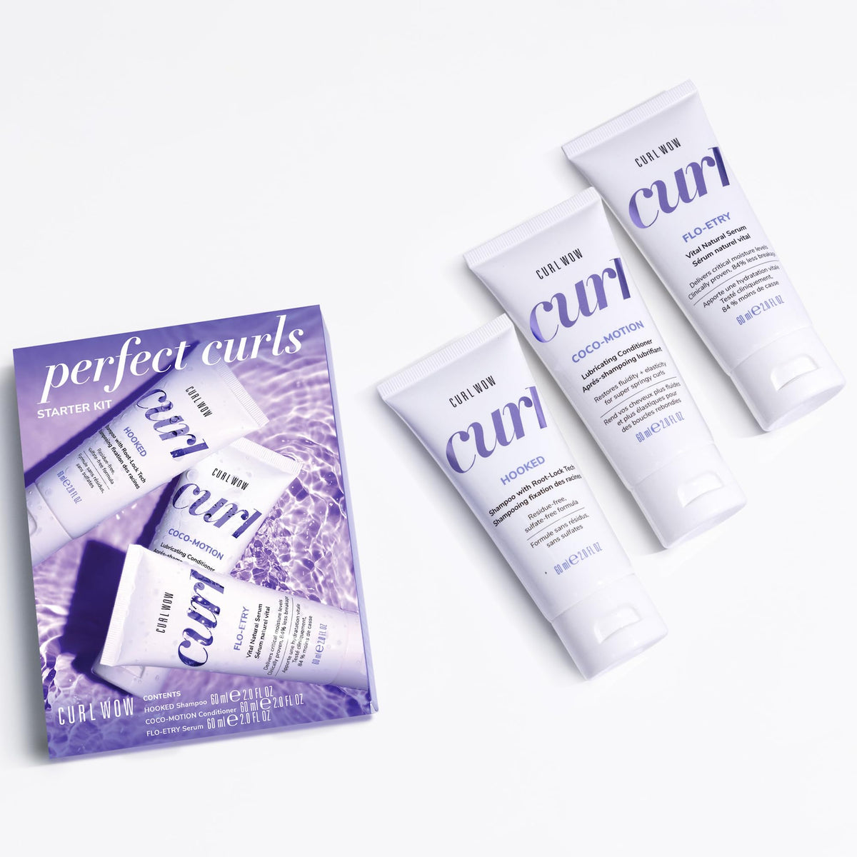 COLOR WOW Perfect Curls Starter Set front view with shampoo, conditioner, and serum