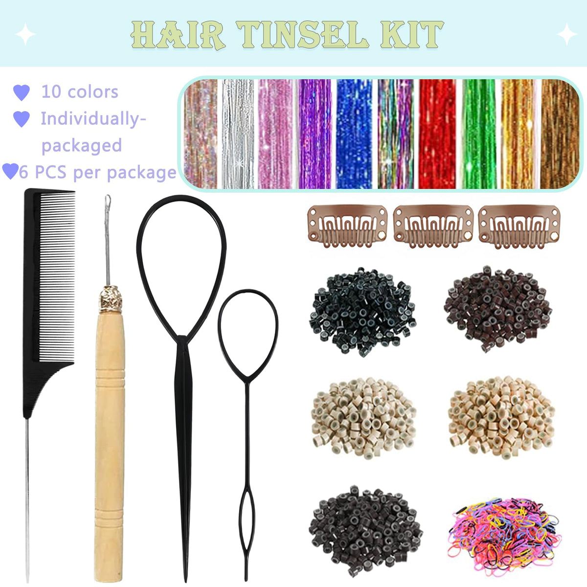 Colorful rubber bands included in the LEDIZE Hair Tinsel Kit