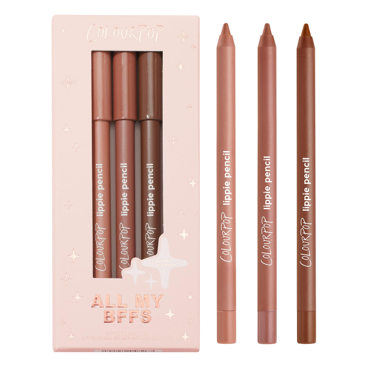 ColourPop All My BFFs Lippie Lip Pencil Kit front view with three shades