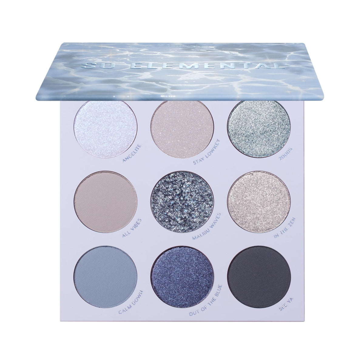 ColourPop So Elemental Eyeshadow Palette front view with blue and silver shades