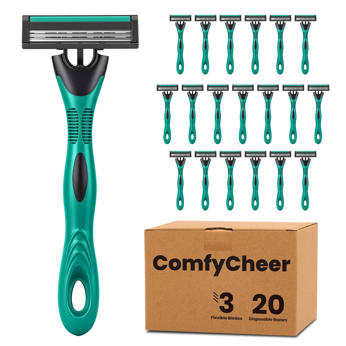 Comfycheer 20 count disposable razors front view with packaging