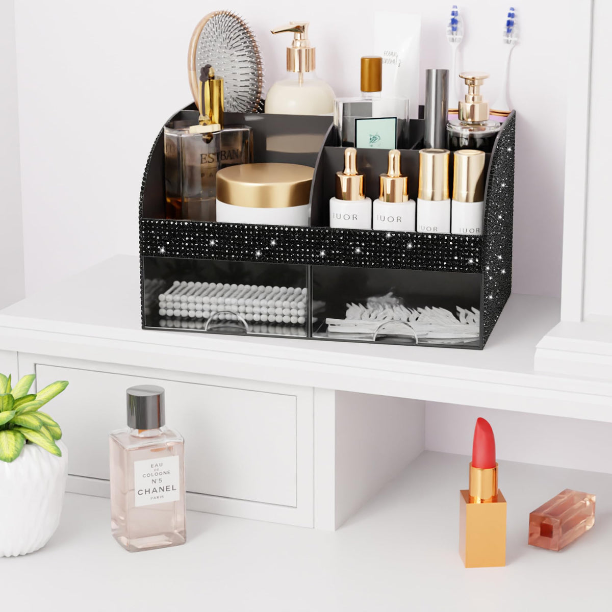 COMFYROOM Bling Makeup Organizer on a dresser with cosmetics inside