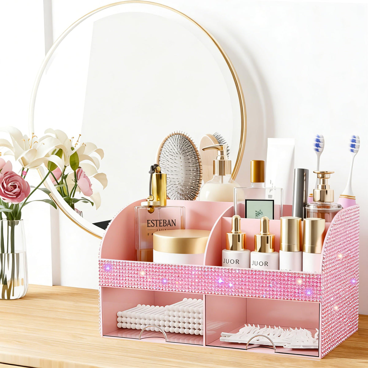 COMFYROOM Bling Makeup Organizer with drawers open showing storage