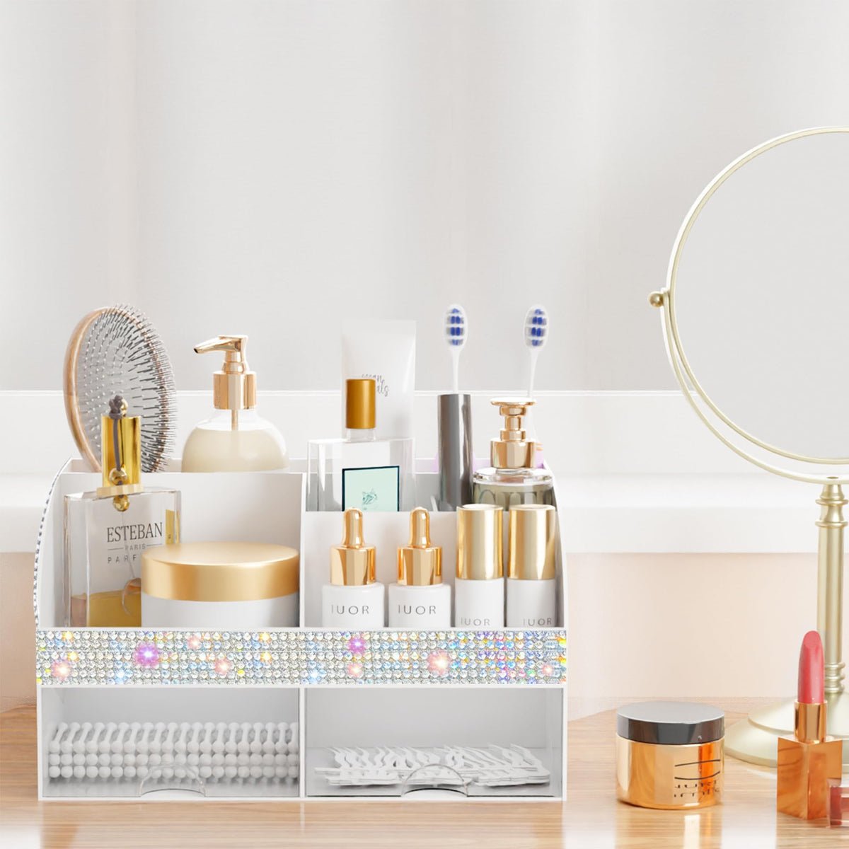 COMFYROOM Makeup Organizer Bling White lifestyle scene in bathroom