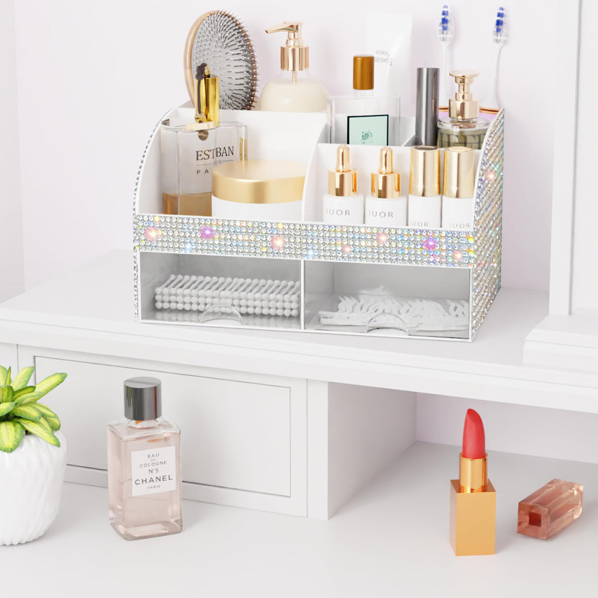 COMFYROOM Makeup Organizer Bling White with makeup inside