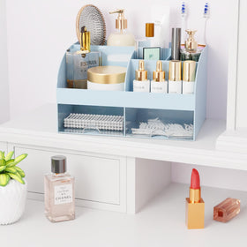 COMFYROOM Makeup Organizer blue model with a clean and organised desk
