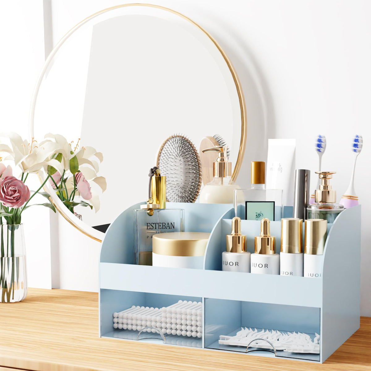COMFYROOM Makeup Organizer blue model with lipsticks and brushes inside