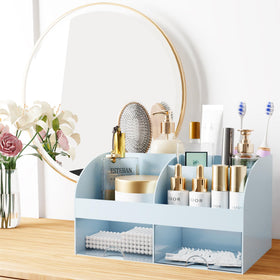COMFYROOM Makeup Organizer blue model with lipsticks and brushes inside