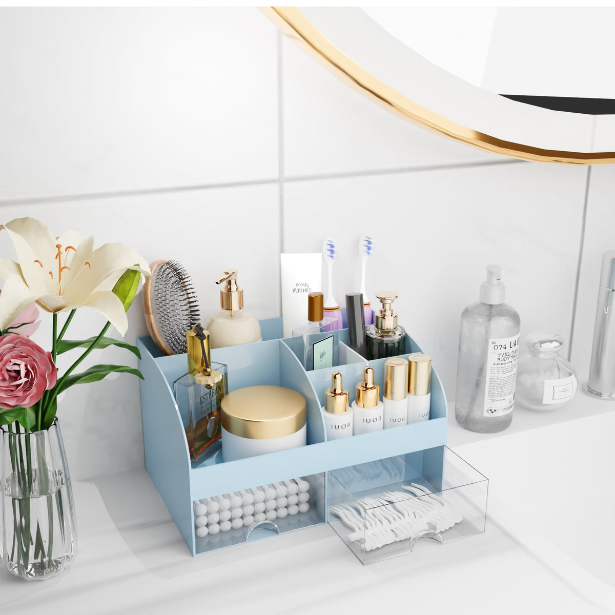 COMFYROOM Makeup Organizer blue model with skincare products arranged
