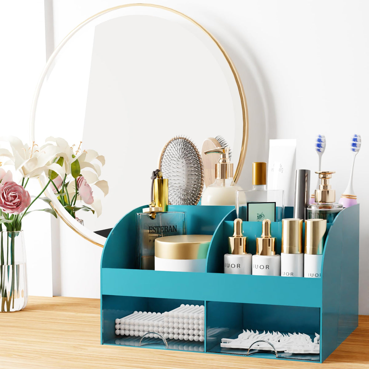COMFYROOM Makeup Organizer Dark Green on bathroom countertop with cosmetics
