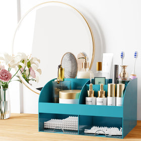 COMFYROOM Makeup Organizer Dark Green on bathroom countertop with cosmetics