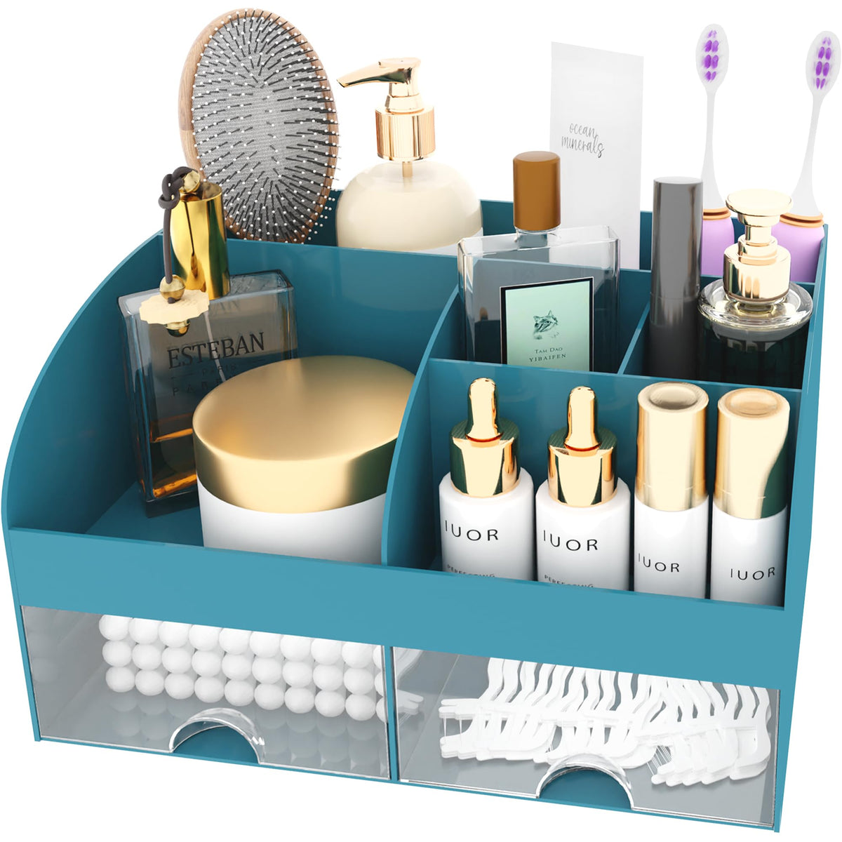 COMFYROOM Makeup Organizer Dark Green side view showing compartments