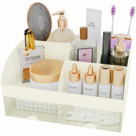 COMFYROOM Makeup Organizer Ivory side view showcasing storage compartments